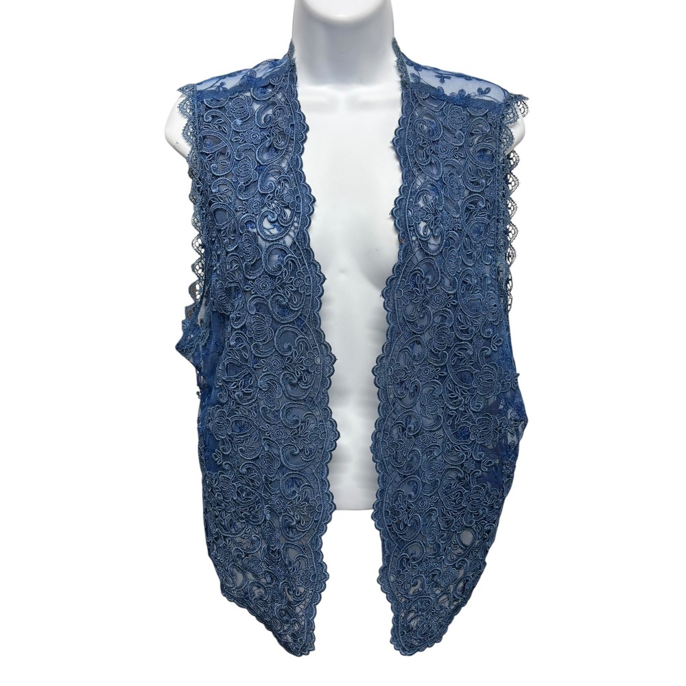Vintage Style Blue Floral Lace Embroidered Mesh Tie Back Open Front Vest XL